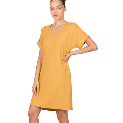 Rolled Short Sleeve V-Neck Dress Light Mustard