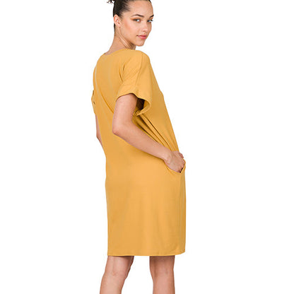 Rolled Short Sleeve V-Neck Dress Light Mustard