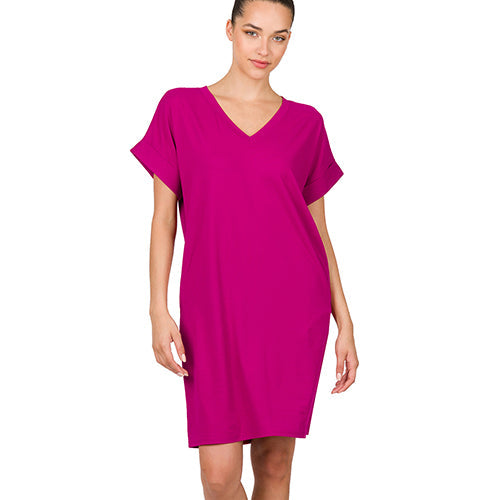 PD-2457AB Rolled Short Sleeve V-Neck Dress Magenta