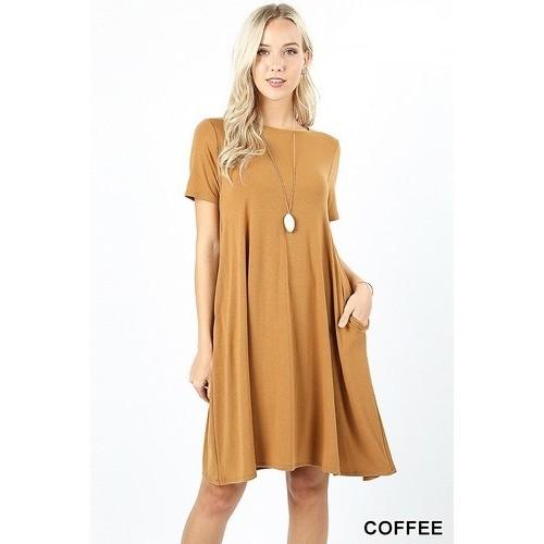 RD-9495P Short Sleeve Flared Dress With Side Pockets Coffee