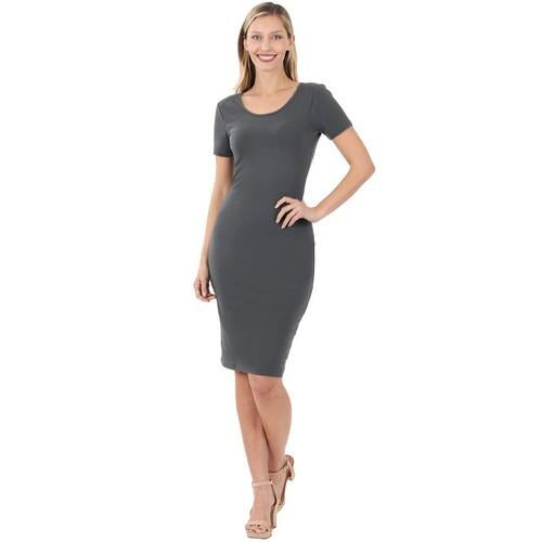 CS-4278AB Premium Cotton Short Sleeve Classic Midi Dress Ash Grey