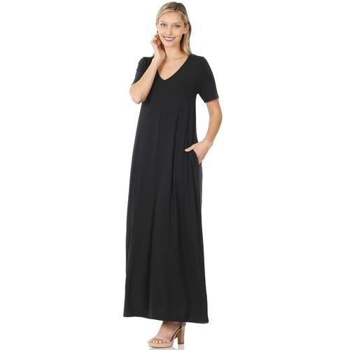 RS-1025AB V-Neck Short Sleeve Maxi Dress With Side Pockets Black