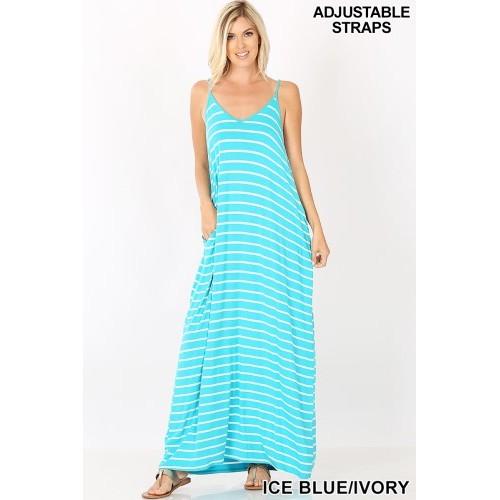 RD-3226ABS Stripe Cami Maxi Dress With Pocket Ice Blue/Ivory