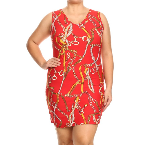 D736 Plus Size Sleeveless Bodycon Dress Chain Print Red