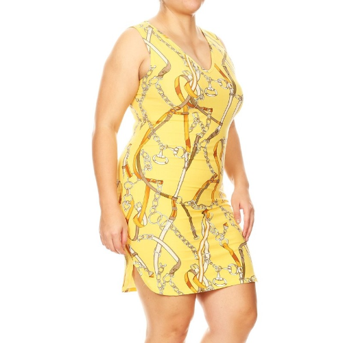 D736 Plus Size Sleeveless Bodycon Dress Chain Print Yellow
