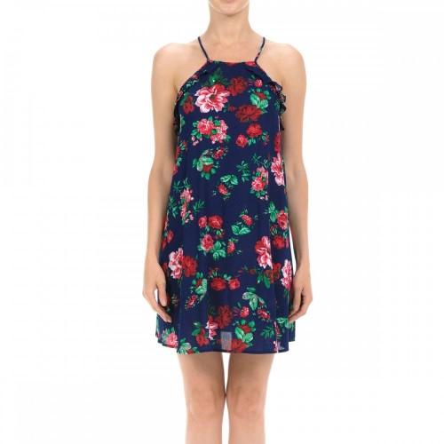 69960-1 Floral Print X-Back Strap Ruffled Armhole Mini Shift Dress Navy