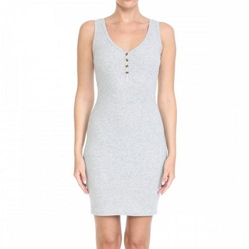 72636 V-Neck Ribbed Knit Short Sleeve Mini Bodycon Dress Heather Grey