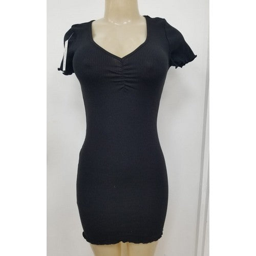 72808 Ribbed Knit Lettuce Short Sleeve Mini Bodycon Dress Black