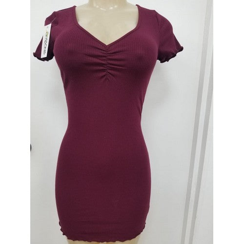 72808 Ribbed Knit Lettuce Short Sleeve Mini Bodycon Dress Burgundy