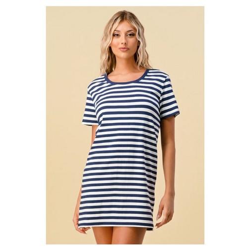 AD16262S Short Sleeve Striped T-Shirt Dress Navy & Soft White