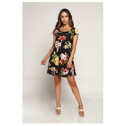 JD15016CP Print Lace Up Back Detail A Line Dress Black Floral