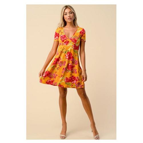 JD32907P Empire Line Floroal Print Dress New Mustard