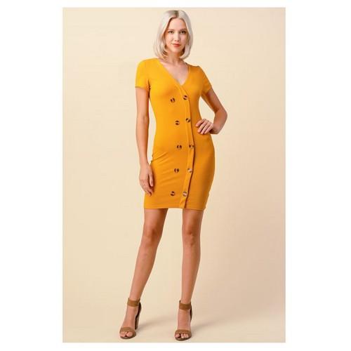 RD34563 Double Button Down Midi Rib Dress New Mustard