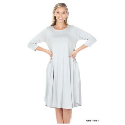 VD-7002 Viscose 3/4 Sleeve Round Neck Knee Length Dress Grey Mist