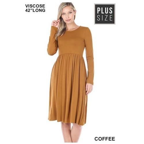 VD-7010X Plus Size Viscose Long Sleeve Round Neck Dress Coffee
