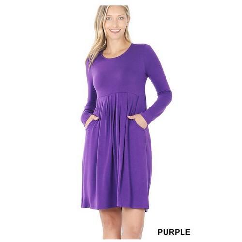 RD-1599P Pleated Waist Long Sleeve Dress Purple