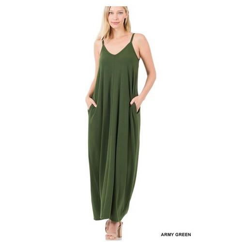 RS-1024AB V-Neck Cami Maxi Dress With Side Pockets Army Green