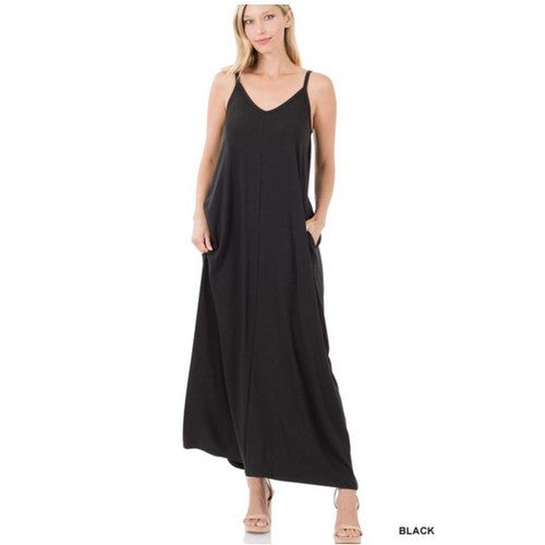 RS-1024AB V-Neck Cami Maxi Dress With Side Pockets Black