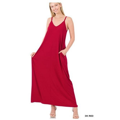 RS-1024AB V-Neck Cami Maxi Dress With Side Pockets Dark Red