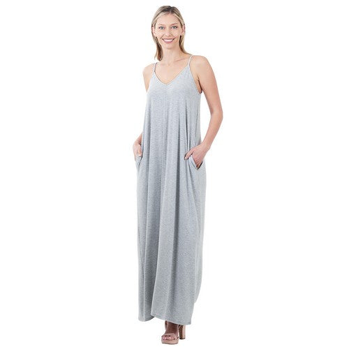 RS-1024AB V-Neck Cami Maxi Dress With Side Pockets Heather Grey
