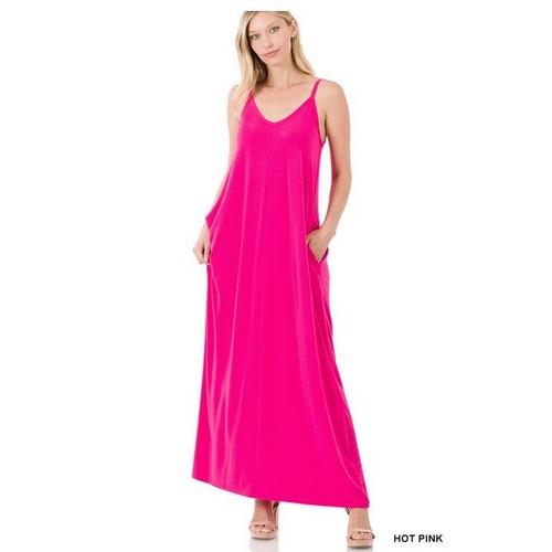 RS-1024AB V-Neck Cami Maxi Dress With Side Pockets Hot Pink