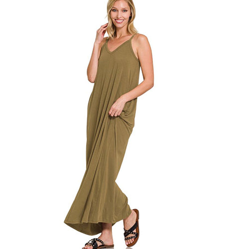 RS-1024AB V-Neck Cami Maxi Dress With Side Pockets Dusty Olive