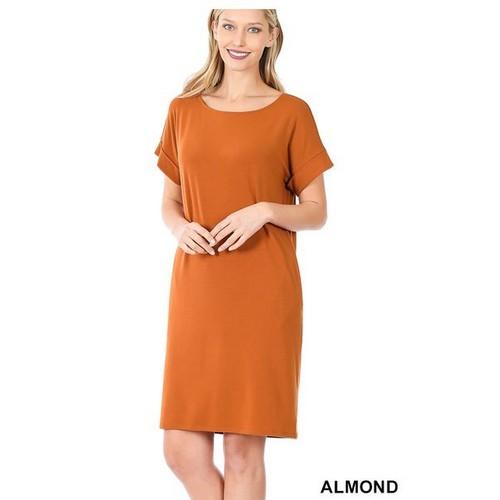 RD-1850AB Rolled Short Sleeve Round Neck Dress Almond
