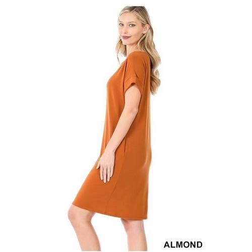 Rolled Short Sleeve Round Neck Dress Almond