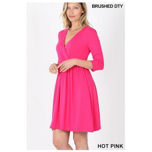PD-2377AB Brushed Dty Buttery Soft Fabric Surplice Dress Hot Pink