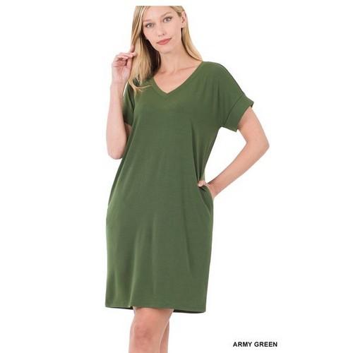 RD-1849AB Rolled Short Sleeve V-Neck Dress Army Green