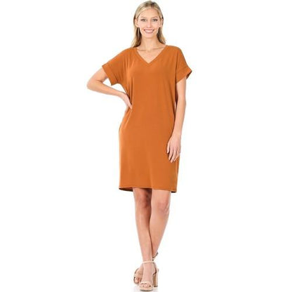 RD-1849AB Rolled Short Sleeve V-Neck Dress Almond