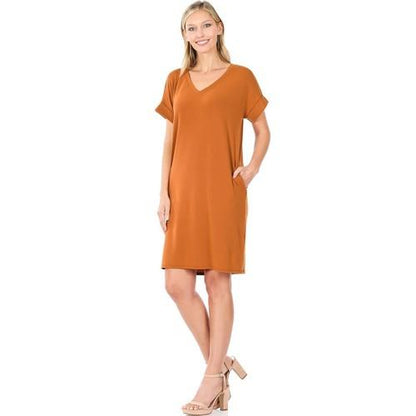 Rolled Short Sleeve V-Neck Dress Almond