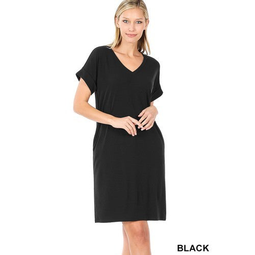 RD-1849AB Rolled Short Sleeve V-Neck Dress Black