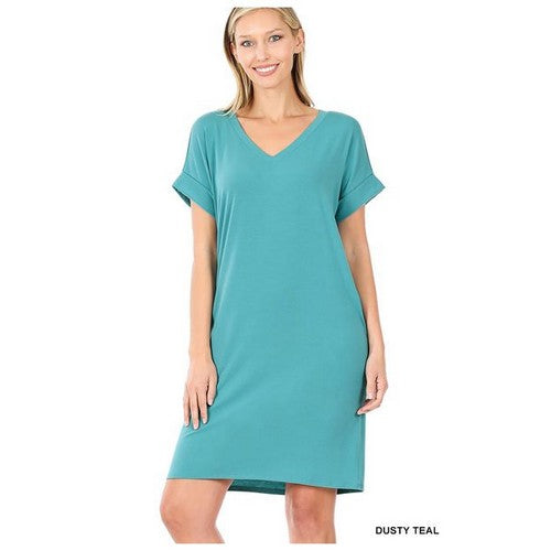 RD-1849AB Rolled Short Sleeve V-Neck Dress Dusty Teal