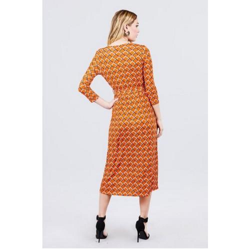 V-Neck Wrap Midi Dress Orange Print