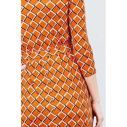 V-Neck Wrap Midi Dress Orange Print