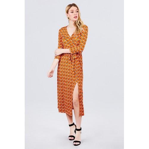 D11376 V-Neck Surplice Front Slit Detail Print Midi Dress Orange