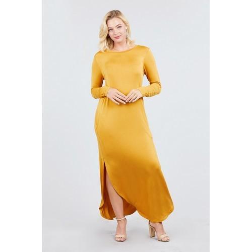 MD10984 Long Sleeve Round Neck Wside Pocket Rayon Spandex Long Dress Dark Mustard