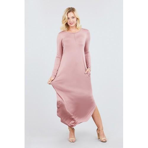 MD10984 Long Sleeve Round Neck Wside Pocket Rayon Spandex Long Dress Mauve
