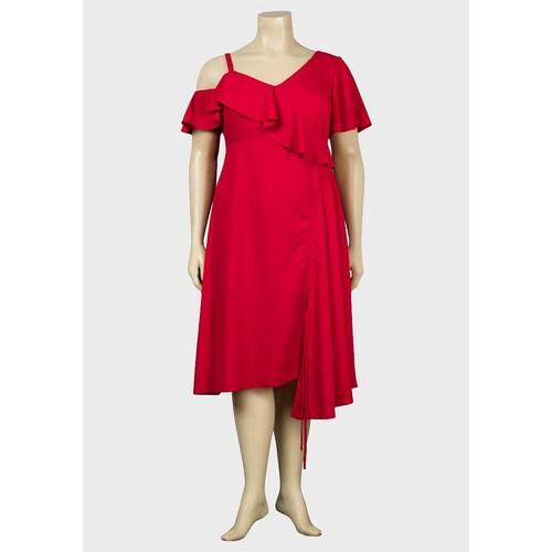 Plus Size One Sleeve Midi Dress Red
