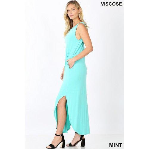 Sleeveless Maxi Dress Side Slits pockets Mint