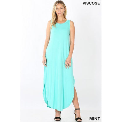 VD-7073AB Sleeveless Maxi Dress Side Slits pockets Mint