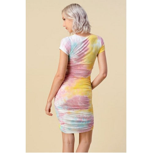 Crew Neck Side Ruched Tie Dye Dress Candy Combo