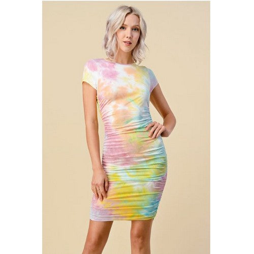 JD44828T13 Crew Neck Side Ruched Tie Dye Dress Candy Combo