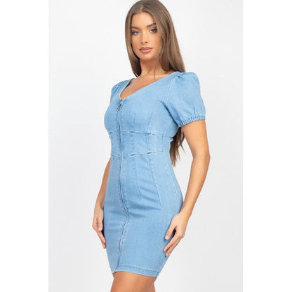 Puff Sleeve Zip Denim Dress Medium Denim