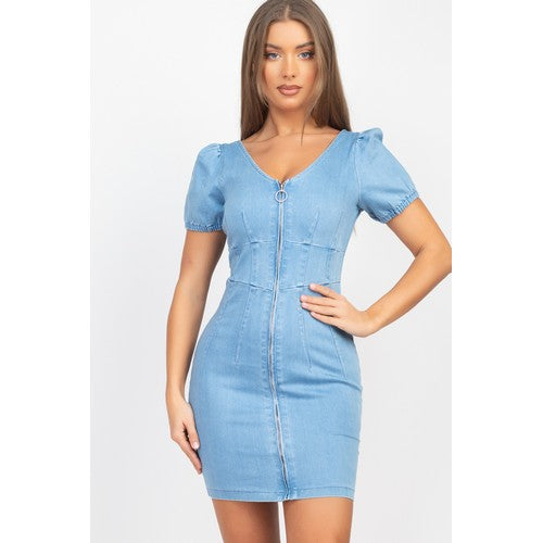 BD04845 Puff Sleeve Zip Denim Dress Medium Denim