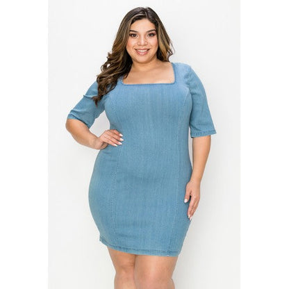 ID4193-APL Plus Size Square Neck Denim Dress Medium Denim