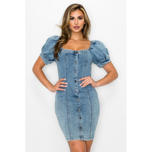 SD3112 Puff Sleeve Button Down Denim Dress Light Acid