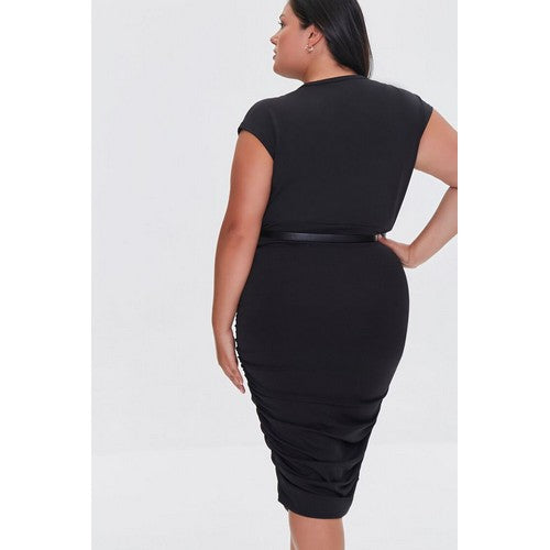 Plus Size Belted Ruched Dress Black