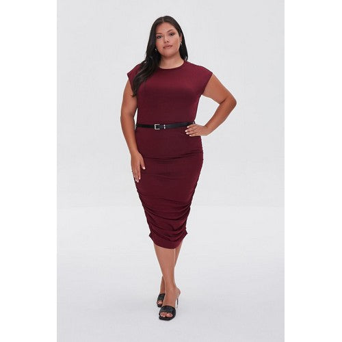 Plus Size Belted Ruched Dress Wine